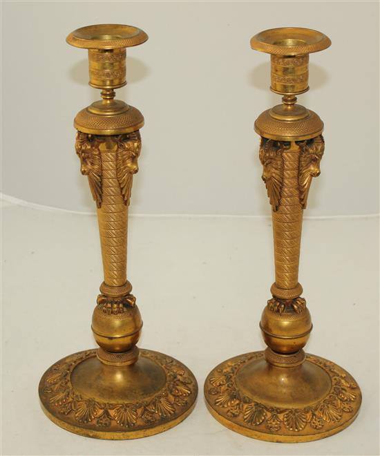 A pair of 19th century French Empire style ormolu candlesticks, 13.75in.